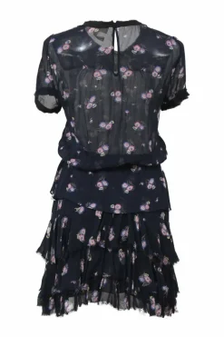 Navy raw-edge viscose floral print short sleeve peplum blouse and pull-on tiered ruffle mini skirt two-piece set
