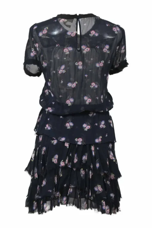 Navy raw-edge viscose floral print short sleeve peplum blouse and pull-on tiered ruffle mini skirt two-piece set