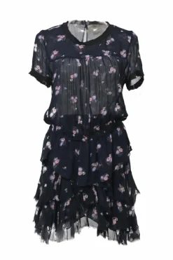 Navy raw-edge viscose floral print short sleeve peplum blouse and pull-on tiered ruffle mini skirt two-piece set