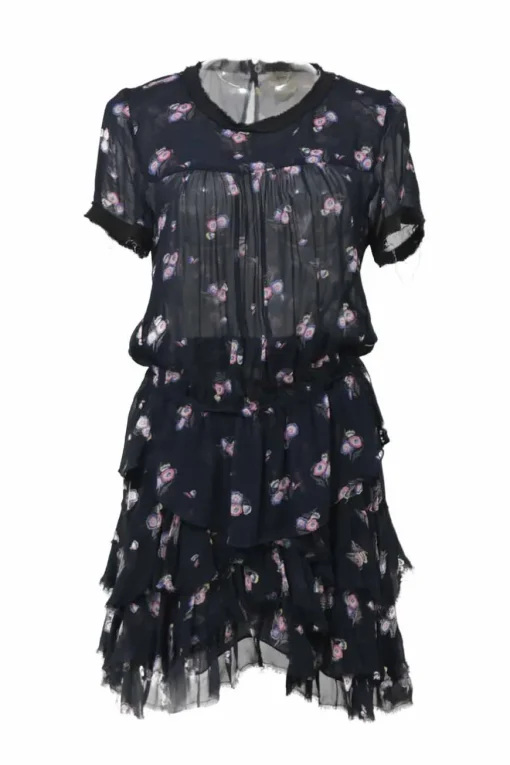 Navy raw-edge viscose floral print short sleeve peplum blouse and pull-on tiered ruffle mini skirt two-piece set