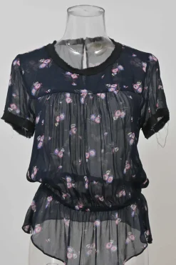 Navy raw-edge viscose floral print short sleeve peplum blouse and pull-on tiered ruffle mini skirt two-piece set