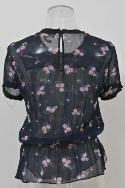 Navy raw-edge viscose floral print short sleeve peplum blouse and pull-on tiered ruffle mini skirt two-piece set