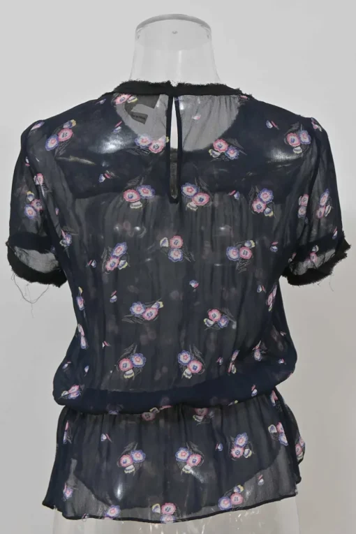 Navy raw-edge viscose floral print short sleeve peplum blouse and pull-on tiered ruffle mini skirt two-piece set