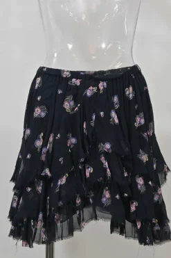 Navy raw-edge viscose floral print short sleeve peplum blouse and pull-on tiered ruffle mini skirt two-piece set