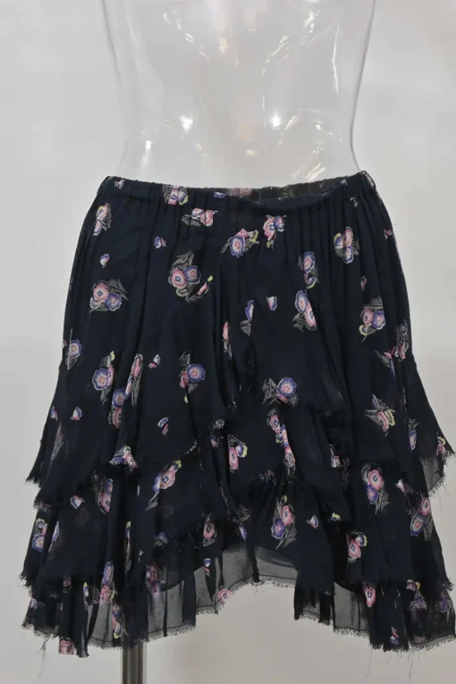 Navy raw-edge viscose floral print short sleeve peplum blouse and pull-on tiered ruffle mini skirt two-piece set