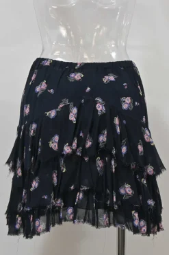 Navy raw-edge viscose floral print short sleeve peplum blouse and pull-on tiered ruffle mini skirt two-piece set