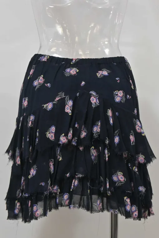 Navy raw-edge viscose floral print short sleeve peplum blouse and pull-on tiered ruffle mini skirt two-piece set