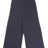 Navy rayon-cotton blend pull-on empire waist sailor trousers with waist adjuster at centre back