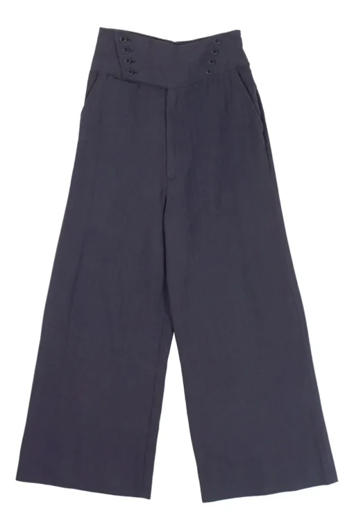 Navy rayon-cotton blend pull-on empire waist sailor trousers with waist adjuster at centre back