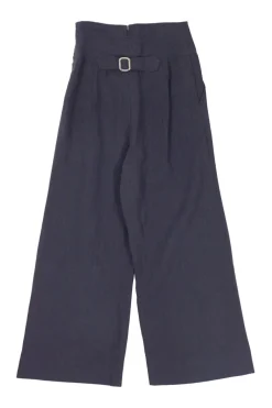 Navy rayon-cotton blend pull-on empire waist sailor trousers with waist adjuster at centre back