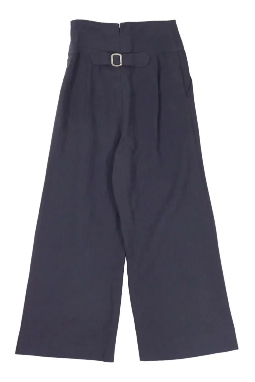 Navy rayon-cotton blend pull-on empire waist sailor trousers with waist adjuster at centre back