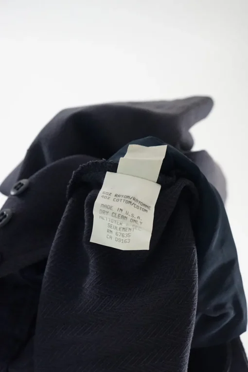 Navy rayon-cotton blend pull-on empire waist sailor trousers with waist adjuster at centre back
