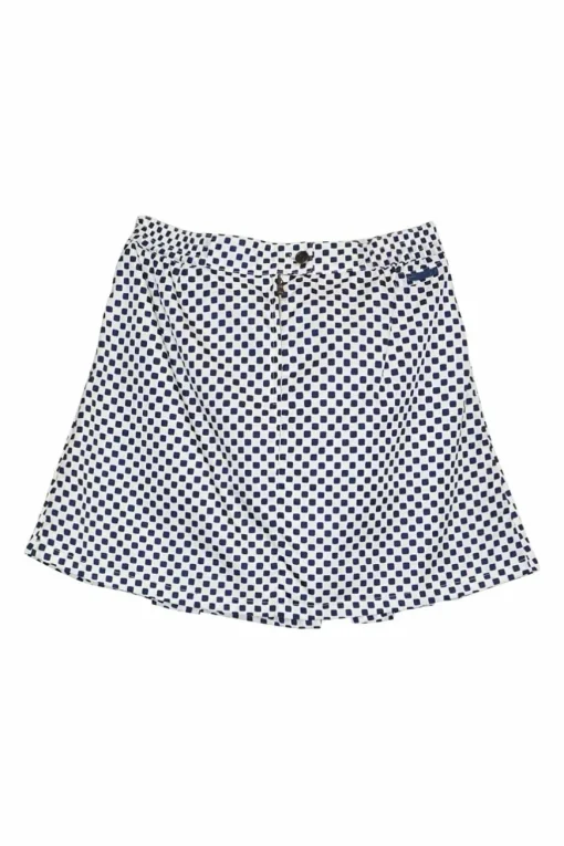 Navy resin-coated nylon graphic square print pleated mini skit
