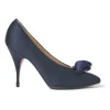 Navy satin pointed toe pumps featuring pillowed top accents