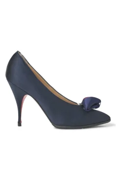 Navy satin pointed toe pumps featuring pillowed top accents