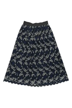 Navy scalloped nylon floral lace pull-on midi A-line skirt with contrasting waistband