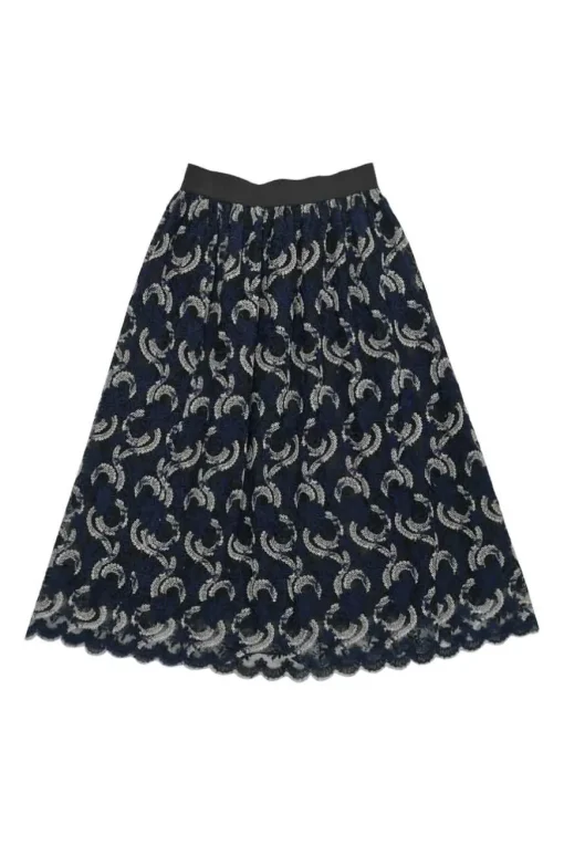 Navy scalloped nylon floral lace pull-on midi A-line skirt with contrasting waistband