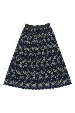Navy scalloped nylon floral lace pull-on midi A-line skirt with contrasting waistband