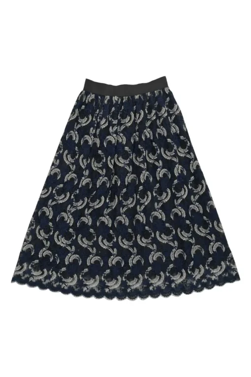 Navy scalloped nylon floral lace pull-on midi A-line skirt with contrasting waistband