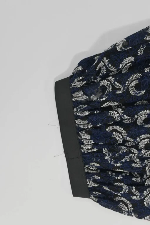 Navy scalloped nylon floral lace pull-on midi A-line skirt with contrasting waistband
