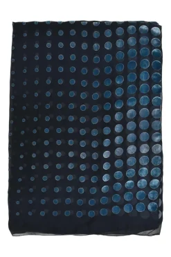 Navy semi-sheer silk-rayon blend devoré scarf featuring iridescent dot motif
