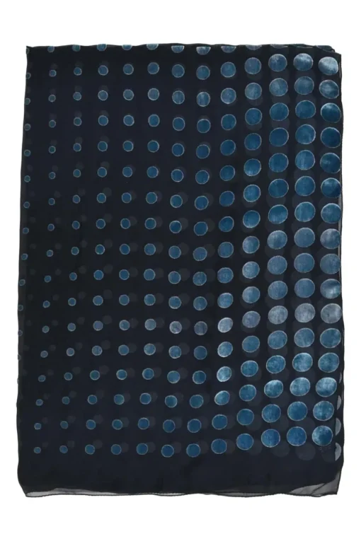 Navy semi-sheer silk-rayon blend devoré scarf featuring iridescent dot motif