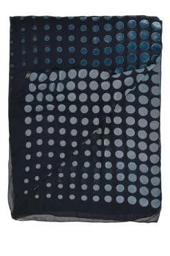 Navy semi-sheer silk-rayon blend devoré scarf featuring iridescent dot motif