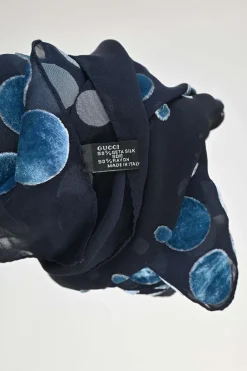 Navy semi-sheer silk-rayon blend devoré scarf featuring iridescent dot motif
