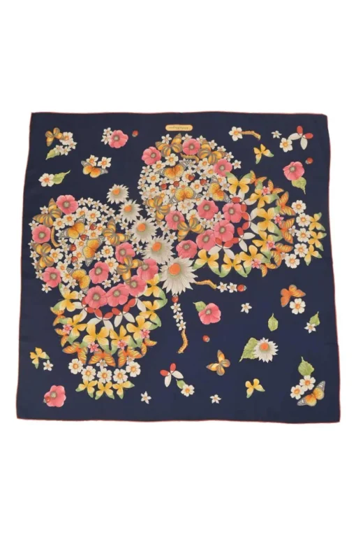 Navy silk floral butterfly print scarf