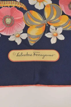 Navy silk floral butterfly print scarf