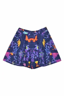 Navy silk floral print pull-on high-rise wide-leg shorts