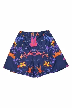 Navy silk floral print pull-on high-rise wide-leg shorts