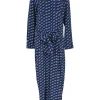 Navy silk graphic print band collar half-button tie-waist jumpsuit