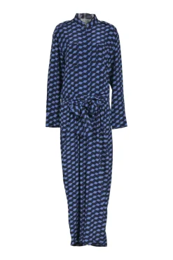 Navy silk graphic print band collar half-button tie-waist jumpsuit