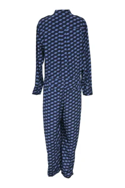 Navy silk graphic print band collar half-button tie-waist jumpsuit