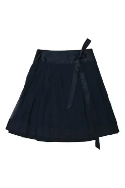 Navy silk wrap mini skirt with ribbon-tie fastening at waist
