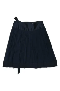 Navy silk wrap mini skirt with ribbon-tie fastening at waist