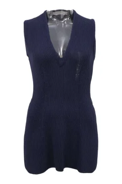 Navy silk-blend Ottoman knit plunge neck gilet