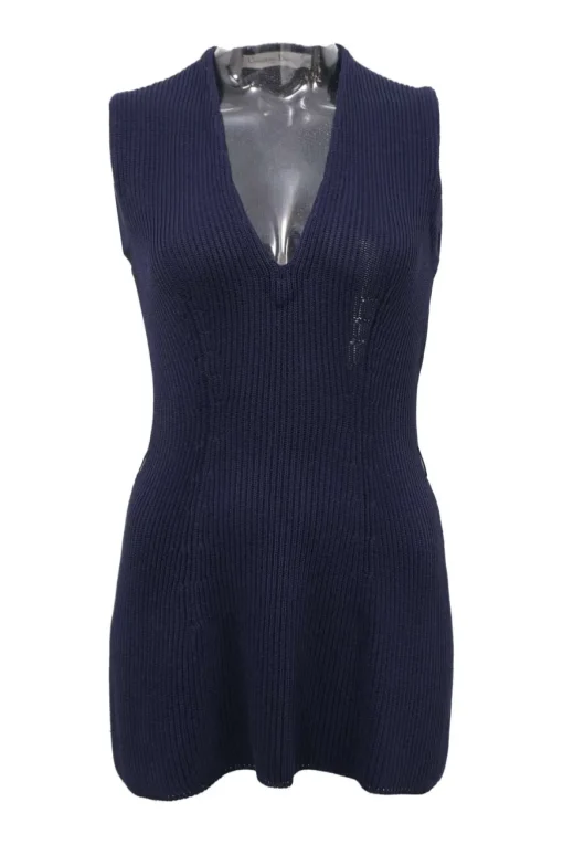 Navy silk-blend Ottoman knit plunge neck gilet
