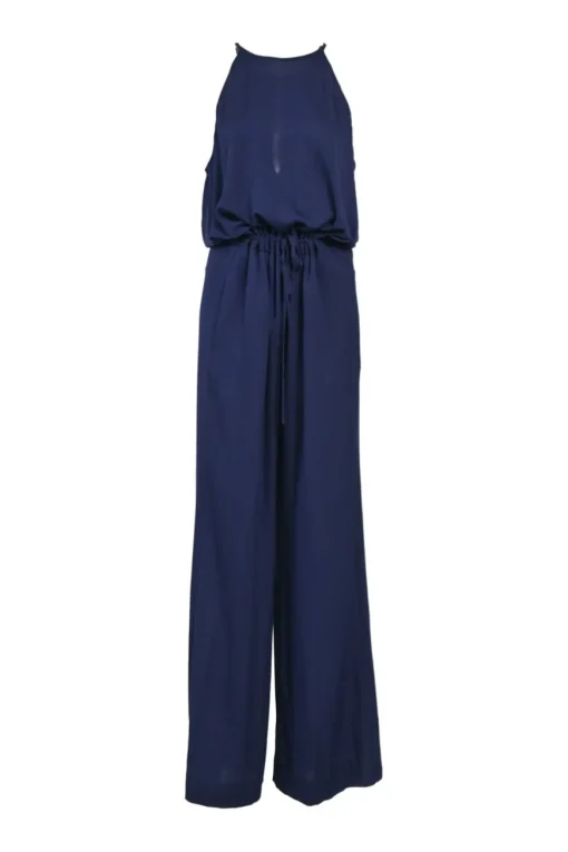 Navy silk-blend racerback blouson jumpsuit with drawstring waist