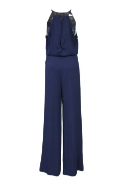 Navy silk-blend racerback blouson jumpsuit with drawstring waist