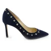 Navy star-studded suede and leather pointed toe pumps
