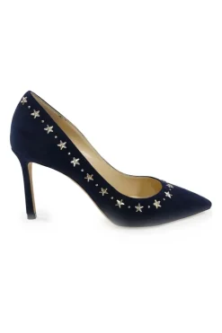 Navy star-studded suede and leather pointed toe pumps