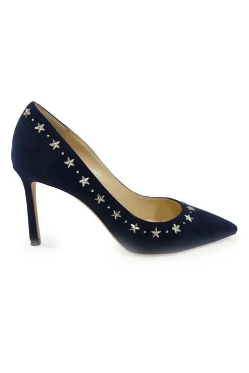 Navy star-studded suede and leather pointed toe pumps