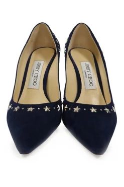 Navy star-studded suede and leather pointed toe pumps