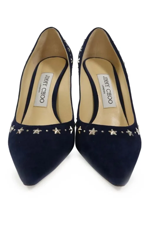 Navy star-studded suede and leather pointed toe pumps