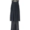 Navy strass-embellished crinkle-plissé silk georgette bi-layer effect slip-on jumpsuit