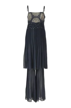 Navy strass-embellished crinkle-plissé silk georgette bi-layer effect slip-on jumpsuit