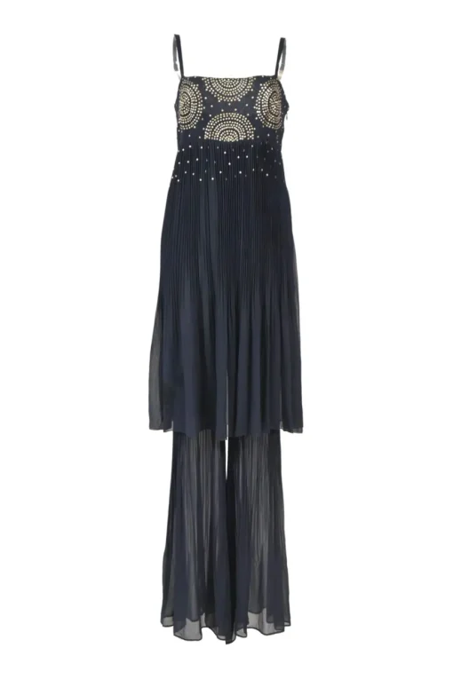 Navy strass-embellished crinkle-plissé silk georgette bi-layer effect slip-on jumpsuit