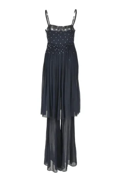Navy strass-embellished crinkle-plissé silk georgette bi-layer effect slip-on jumpsuit